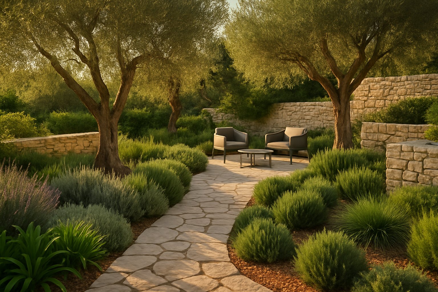 Uređeni mediteranski vrt s maslinama, kamenim stazama i aromatičnim biljem – projekt OLEA vrtovi